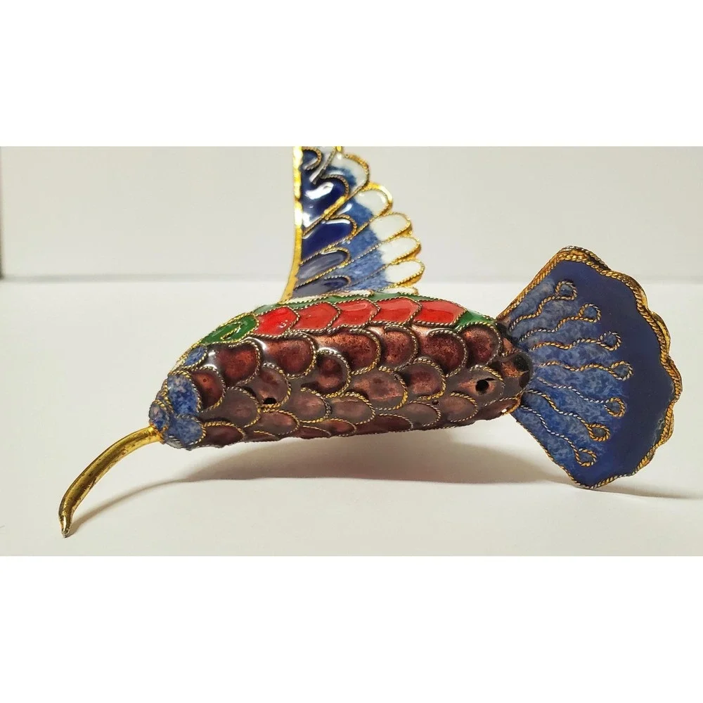Enameled Cloisonne Christmas Ornament Hummingbird Gold Edge Feathers Multicolor - Picture 9 of 13